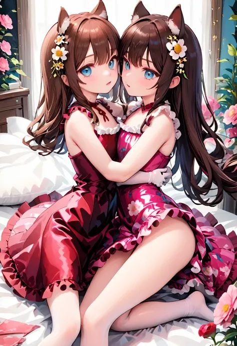 (Style-Princess) (1 man, 1 catgirl) (hetero, couple) (crossdressing, fully clothed) (brown hair, blue eyes) (portrait) (womens clothes only) (womens beautifully feminine skintight velvet floral print frilly girly pink adorable ballet leotards:1.4) (white p...