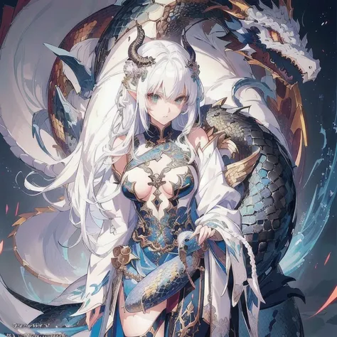 anime girl with a dragon and snake on her shoulder, queen of dragons, white haired deity, dragon girl, anime fantasy illustration, loong, detailed anime art, detailed anime artwork, detailed digital anime art, detailed anime character art, anime fantasy ar...