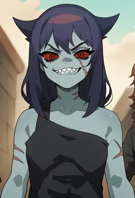 anime zombie undead girl, slitched face, scars an face, black sclera, shark teeth, glowing eyes, smug face, vile, pale green-ish...