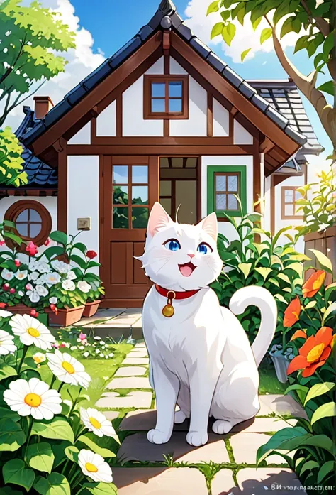 white cat milk regains energy、enjoy a new adventure。milk happily explores the garden and the house.、it shows how excited he is.。...