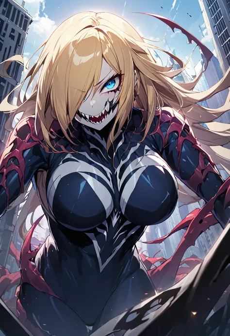 1 girl, carnage symbiote, beautiful girl, large breasted, blue colored eyes, yellow hair, top of a building, natta, cruel smile