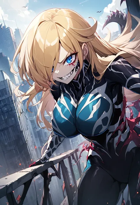 1 girl, carnage symbiote, beautiful girl, large breasted, blue colored eyes, yellow hair, top of a building, natta, cruel smile