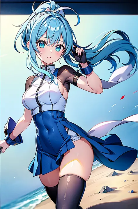 18-year-old、Medium breasts、Light blue hair、ponytail　break　pale green eyes　break　Marine blueとwhite色の着物（Marine blue：3　white：1）whiteい柄の刀、Iai、Uplifting、Sword trajectory、Strong winds、grassland、
break  全身,
break (masterpiece:1.2), Highest quality, High resolutio...