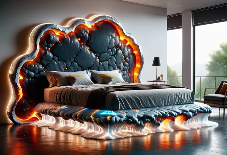 make a modern double bed with the base of incandescent volcanic lava and the headboard in the shape of a giant transparent incan...