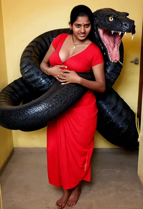  Pregnant Happy Horny, aroused 1girl), beautiful indian young teen girl  wearing red thong with  giant colossal  black titanboa monster squeezing her hard, wrapped in thick spiraling coils, constricted, struggle, gasping for air, snake attack, snake peril,