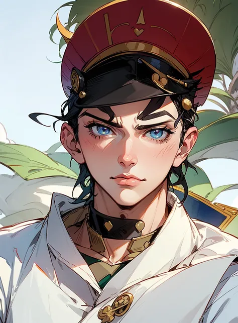 (jotaro kujo) in the style of hirohiko araki,zoomed in on face, focused on face, blue highlights,looking at viewer, watercolor, manga, aristocratic youth, jojos bizzare adventure 