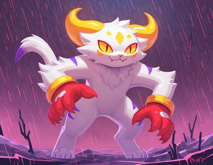 White cat monster with purple stripes and bright yellow and red gloves in rain art style