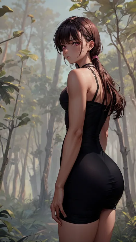 A woman with a big ass, she is wearing a soldiers outfit. she has a gun and her clothes are covered in dirt, she is in the forest. her butt is marked by her clothes, she has pink eyes.