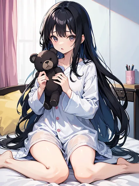 One girl, Open your mouth, Black Hair, Long Hair, bangs, Sleepy, Character design drawings, anime, Ghibli-style colors, Gentle colors, Simple room、Sitting on the bed、Teddy bear、morning、Waking up、In pajamas