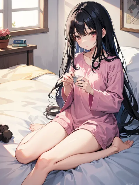 One girl, Open your mouth, Black Hair, Long Hair, bangs, Sleepy, Character design drawings, anime, Ghibli-style colors, Gentle colors, Simple room、Sitting on the bed、Teddy bear、morning、Waking up、In pajamas