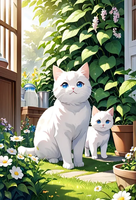 white cat milk overcomes illness、enjoying new adventures with family。milk runs around energetically in the garden and around the...