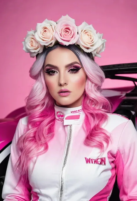 Gothicwomen model pink and white ombre hair in a Pink racecar suit looking straight wearing a pink and white roses crown