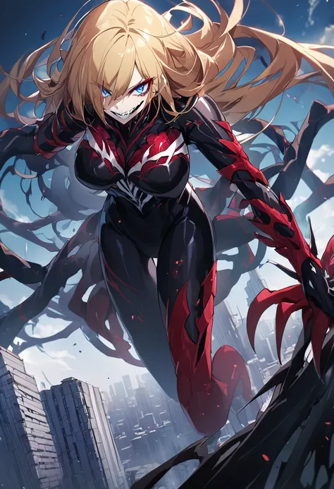 1 girl, blood red symbiote with black details, beautiful girl, large breasted, blue colored eyes, yellow hair, top of a building...