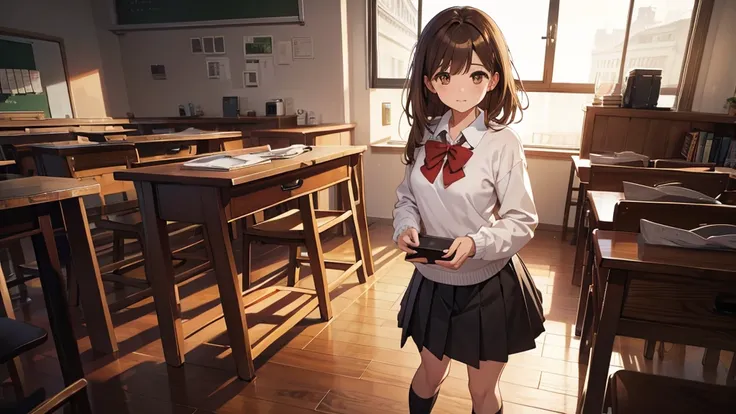 sayuogiwara, sayu ogiwara, brown hair, (brown eyes:1.5), medium hair,
BREAK , bow, red bow, long sleeves, sweater, shirt, collared shirt, white shirt, skirt, pleated skirt, black skirt, socks, brown sweater,
BREAK looking at viewer, full body,
BREAK indoor...