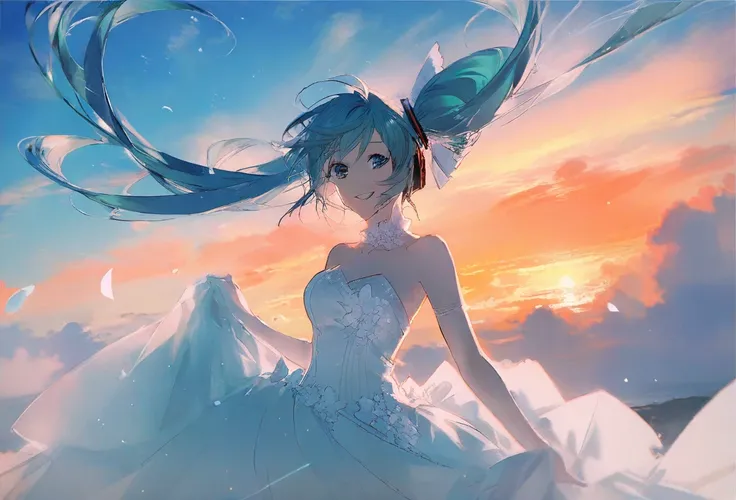 by rella, by Conor Harrington, break
watercolor,
break
hatsune_miku, solo, parted lips, detailed face, detailed eyes, detailed hair, wind effect, 
break
dynamic angle,
break
strapless, bare shoulders, collarbone, Colorful wedding dress, inspired by Peter M...