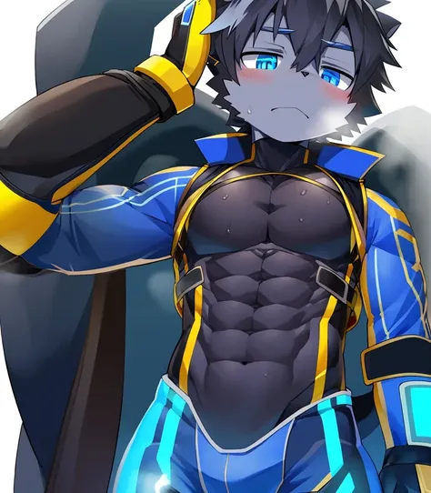 Thin macho　western black dragon　　abs　　　　　Hollow abs　　body suit　　thick arms　　　chest rig　　　、sweaty　　　skin glow　　profile　　Wearily　short of breath　　  　Chemo shota　　
have a 　blue eyes　Tired look jacket　ガットパンチ　ゴーグル