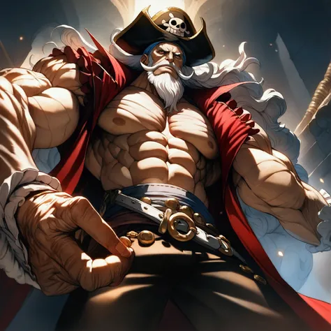 Muscular and defined old man, pirate captain outfit, "one piece manga and anime style, the angle is dynamic, divine proportion, highly detailed, sharp focus, intricately detailed, highly detailed, superior quality, high octane rendering, 16k, ultra hd --ar...