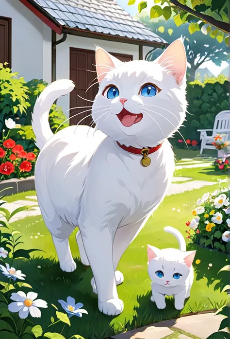 white cat milk overcomes illness、enjoying new adventures with family。milk runs around energetically in the garden and around the...