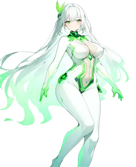 A girl with a green wind motif,Pure white background,セクシーなSee-throughボディスーツ,エスニックdesigner bodysuit,ＳＦdesigner bodysuit,Green wind pattern,Green glowing pattern,See-through,whole body、Girl floating in the air,Accentuated body lines､Large Breasts,Sexy Design...