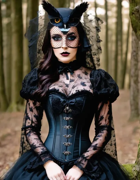 Black corset with veil sleeves, with owl print, let it be gothic 