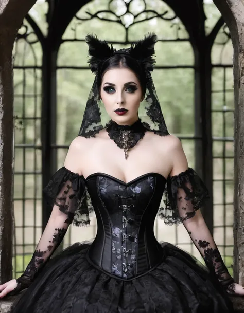 Black corset with veil sleeves, with owl print, let it be gothic 