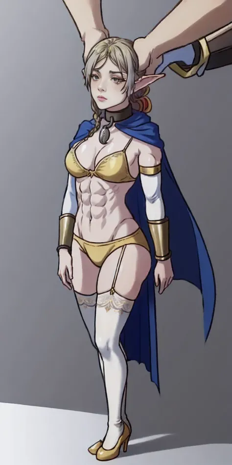 extremely long hair, ponytail, perfect anatomy 1 girl tall solo, slim thick ((muscular)) high elf full body toe to head toned body, silver breast plate, blue cape, slendered abs, hourglass waist, detailed face, defined cheekbones, puffy lips, gauntlets, go...