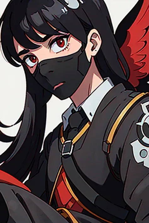 A black-haired man with bangs covering his left eye, black earrings with white details, a black mask covering the mouth, red eyes with black pupils, a black suit with a red tie, Black boots, and wings