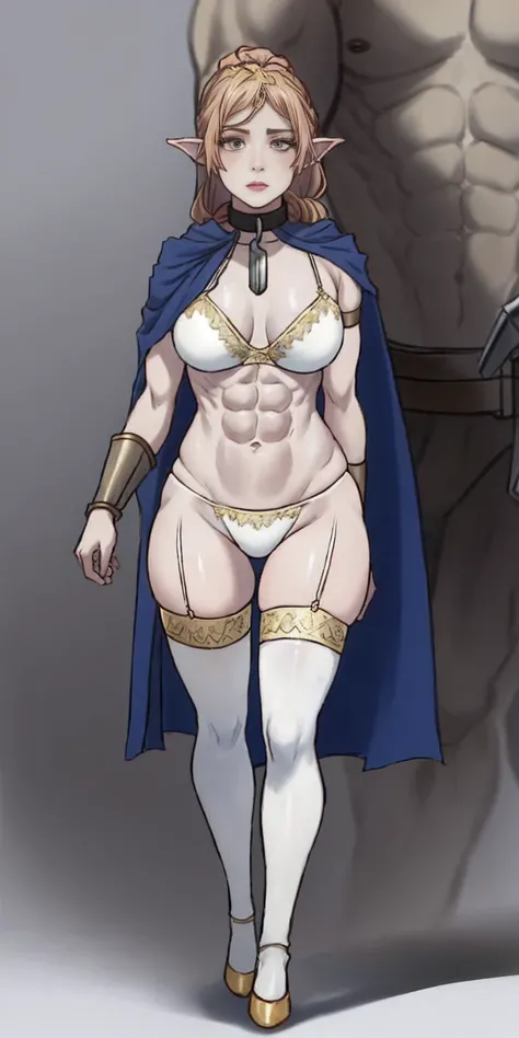 extremely long hair, ponytail, perfect anatomy 1 girl tall solo, slim thick ((muscular)) high elf full body toe to head toned body, silver breast plate, blue cape, slendered abs, hourglass waist, detailed face, defined cheekbones, puffy lips, gauntlets, go...