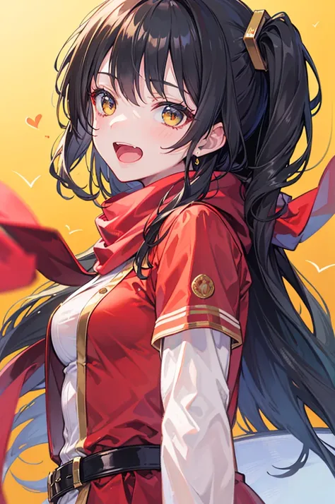 ((best quality)), portrait, long hair, one_Side_up, black hair, stupid hair, passionate fool, girl, medium breasts, Laugh loudly and energetically, golden eyes, red cloth scarf, Black Jacket, hero, Arms crossed, 1 person