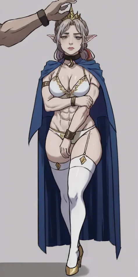 extremely long hair, ponytail, perfect anatomy 1 girl tall solo, slim thick ((muscular)) high elf full body toe to head toned body, silver breast plate, blue cape, slendered abs, hourglass waist, detailed face, defined cheekbones, puffy lips, gauntlets, go...