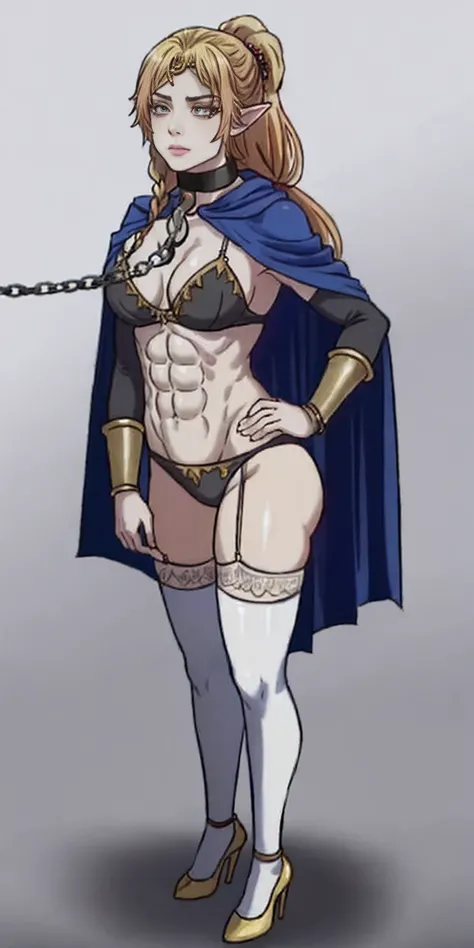 extremely long hair, ponytail, perfect anatomy 1 girl tall solo, slim thick ((muscular)) high elf full body toe to head toned body, silver breast plate, blue cape, slendered abs, hourglass waist, detailed face, defined cheekbones, puffy lips, gauntlets, go...