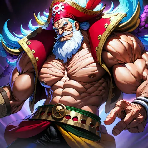 Old man, muscular and defined body, pirate captain outfit, "one piece manga and anime style, the angle is dynamic, divine proportion, highly detailed, sharp focus, intricately detailed, highly detailed, superior quality, high octane rendering, profile pict...