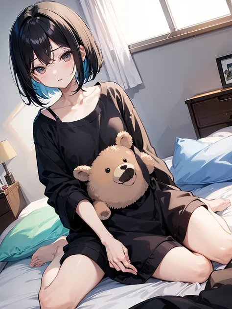 One , Open your mouth, Black Hair, Bob Hair, bangs, Sleepy, Character design drawings, anime, Ghibli-style colors, Gentle colors, Simple room、curtain、Sitting on the bed、Teddy bear、morning、Waking up、In pajamas、5 years old、