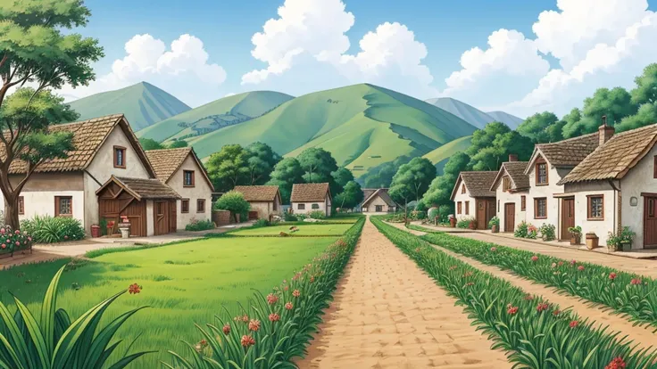 Village scene**: A view of a small village, where agriculture and prosperity can be gauged. Cartoon image 