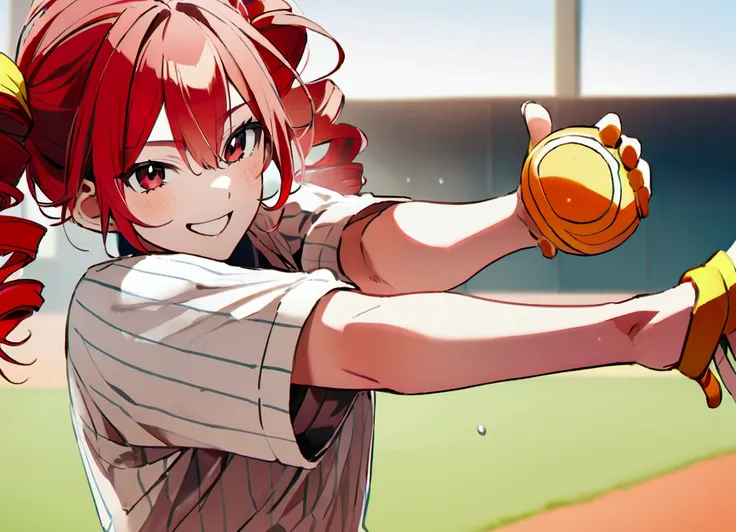 Red hair, plays baseball, smiles