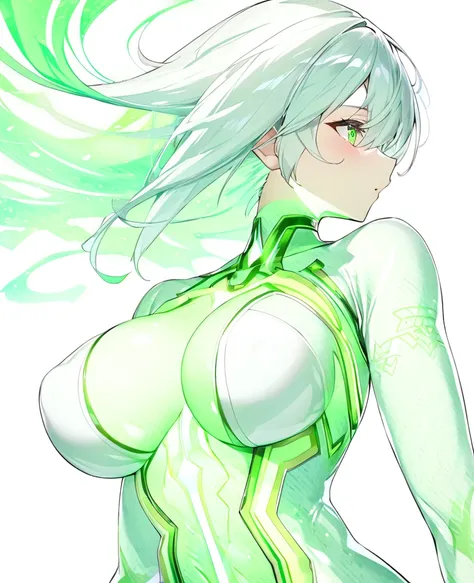 A girl with a green wind motif,Pure white background,セクシーなSee-throughボディスーツ,エスニックdesigner bodysuit,ＳＦdesigner bodysuit,Green wind pattern,Green glowing pattern,See-through,whole body、Girl floating in the air,Accentuated body lines､Large Breasts,Sexy Design...