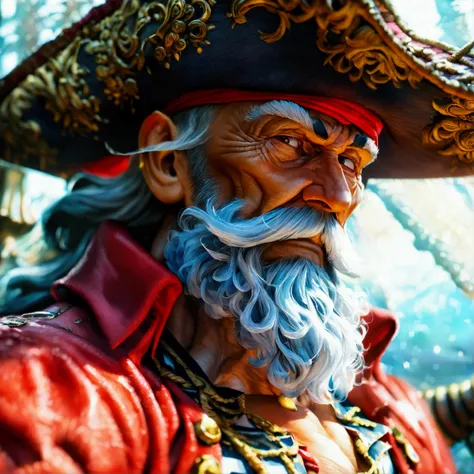 Old man, muscular and defined body, pirate captain outfit, "one piece manga and anime style, the angle is dynamic, divine proportion, highly detailed, sharp focus, intricately detailed, highly detailed, superior quality, high octane rendering, profile pict...