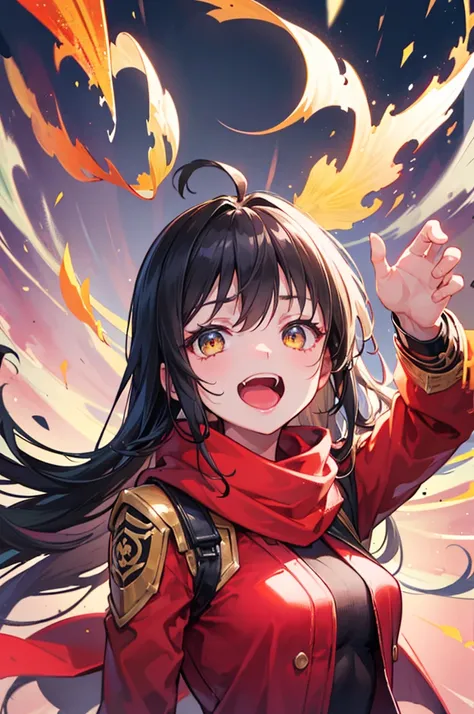 ((best quality)), portrait, long_hair, one_Side_up, black hair, stupid hair, passionate fool, girl, medium breasts, Laugh loudly and energetically, golden eyes, red cloth scarf, Black Jacket, hero, Arms crossed, 1 person