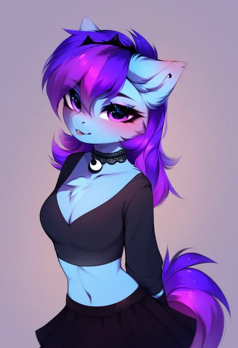 check_9, check_8_up, check_7_up, source_fluffy, rating_safe, from Magnaluna, Luna poses seductively in a gothic bedroom, antro, blushing, blue body, purple mane, black lingerie skirt