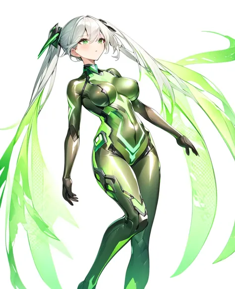 A girl with a green wind motif,Pure white background,セクシーなSee-throughボディスーツ,エスニックdesigner bodysuit,ＳＦdesigner bodysuit,Green wind pattern,Green glowing pattern,See-through,whole body、Girl floating in the air,Accentuated body lines､Large Breasts,Sexy Design...