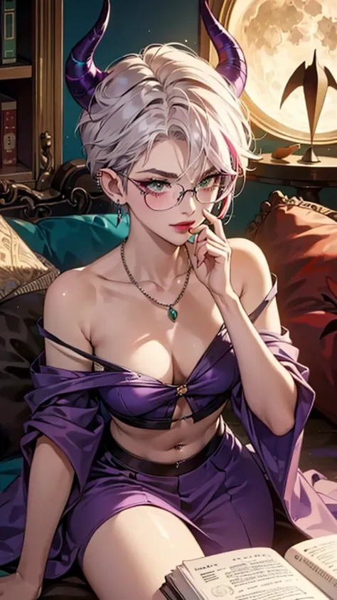 8k, masterpiece, best quality, highly detailed, 1 girl, tiefling, warlock, multicolored hair, very short straight hair green highlight hair on white hair, strippled hair, wearing glasses, round glasses, earrings, navel piercing, pajamas, red eyeshadow, lon...