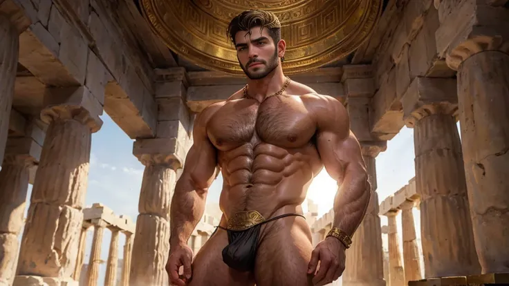 An ancient greek man, Chico, greek warrior, muscular, Graced, 18 year old Chico with powerful presence, greek headdress , ((wearing detailed greek tunics)), standing inside the greek temple, Intricate, elegant, Very detailed, masterpiece, extremely detaile...