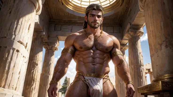 An ancient greek man, Chico, greek warrior, muscular, Graced, 18 year old Chico with powerful presence, greek headdress , ((wearing detailed greek tunics)), standing inside the greek temple, Intricate, elegant, Very detailed, masterpiece, extremely detaile...