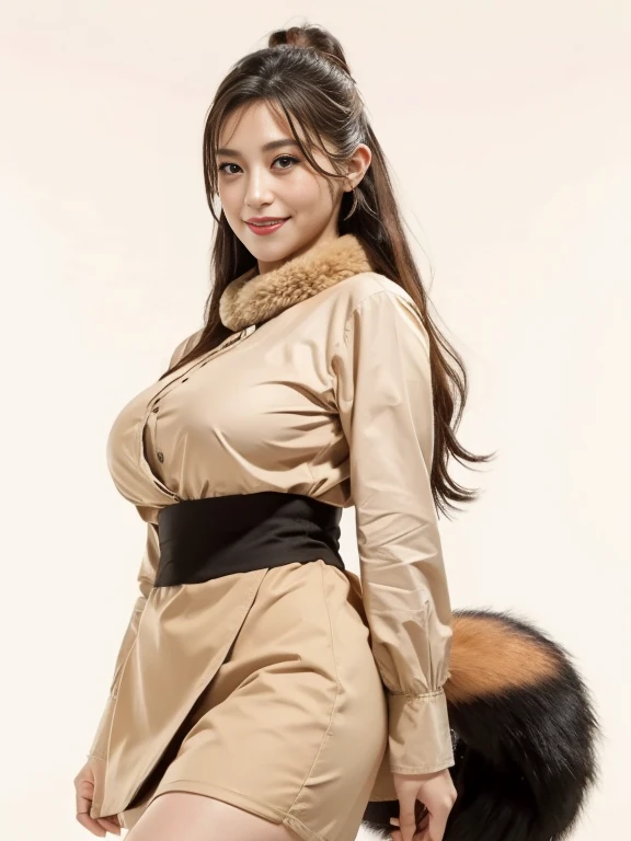 ((Highest quality, 8k)), ((masterpiece)), (Highest Resolution), Perfect Face, Fox Woman, Beautiful woman, public, Has one tail, She has thick thighs, a large tail, She has a fox tail, She wags her tail, smile, fur collar, she is wearing a short skirt, Beau...