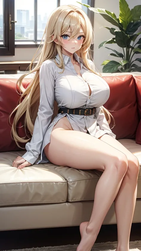 Adult woman with long blond hair and huge breasts，White open collar long sleeve shirt，underwear，Bare Legs，barefoot，couch，indoor