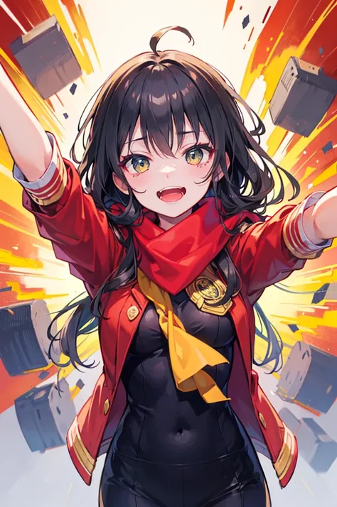 ((best quality)), portrait, one_Side_up, long hair, black hair, stupid hair, passionate fool, girl, medium breasts, Laugh loudly and energetically, golden eyes, red cloth scarf, Black Jacket, hero, Arms crossed, 1 person