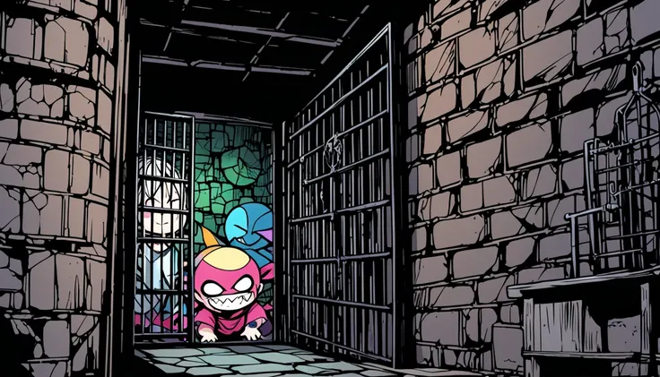 dark cellars, iron bars, a baby with evil smile, poorly drawn manga-style images, colorful patchwork of contrast magic