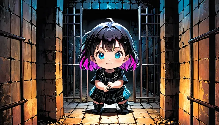 dark cellars, iron bars, a baby with evil smile, poorly drawn manga-style images, colorful patchwork of contrast magic