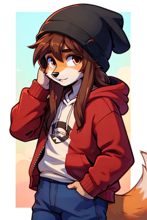 Cute furry fox boy. Thick outline. Red hoodie. Blue jeans. Beanie. Long brown hair. Long hair. Teenager