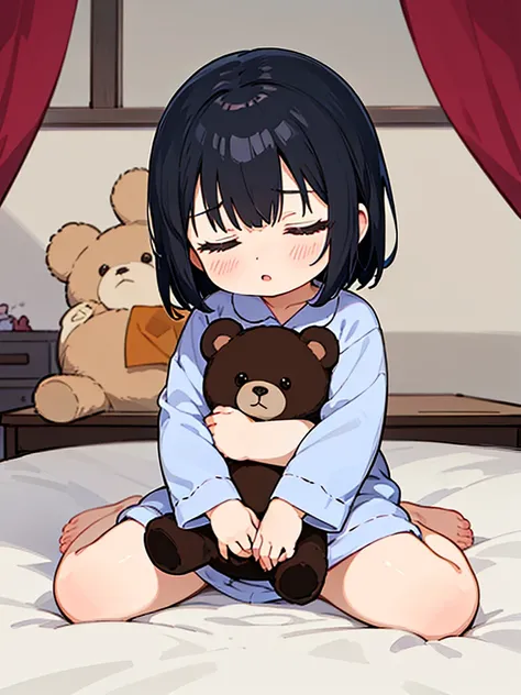 One , Open your mouth, Black Hair, Bob Hair, bangs, Sleepy, Character design drawings, anime, Ghibli-style colors, Gentle colors, Simple room、curtain、Sitting on the bed、Teddy bear、morning、Waking up、In pajamas、5 years old、